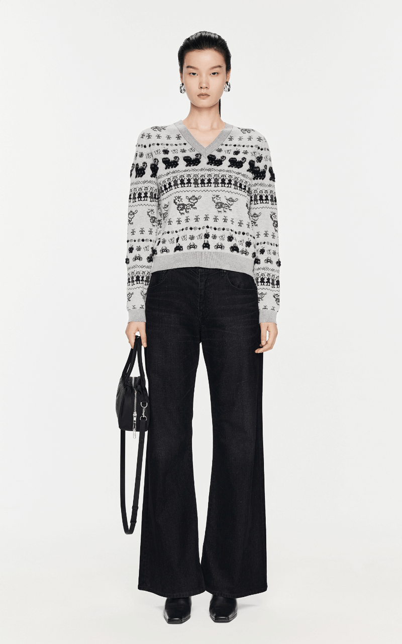 Sweater / JNBY Intarsia-Knitted V-Neck Jumper Rice Black Dual-Tone