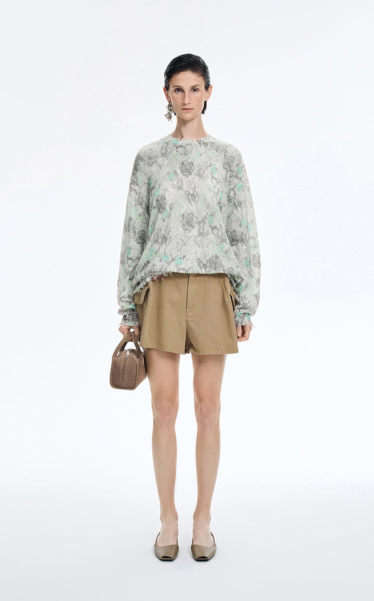 Sweater / JNBY Watercolor Floral Fuzzy Knit Green Brown