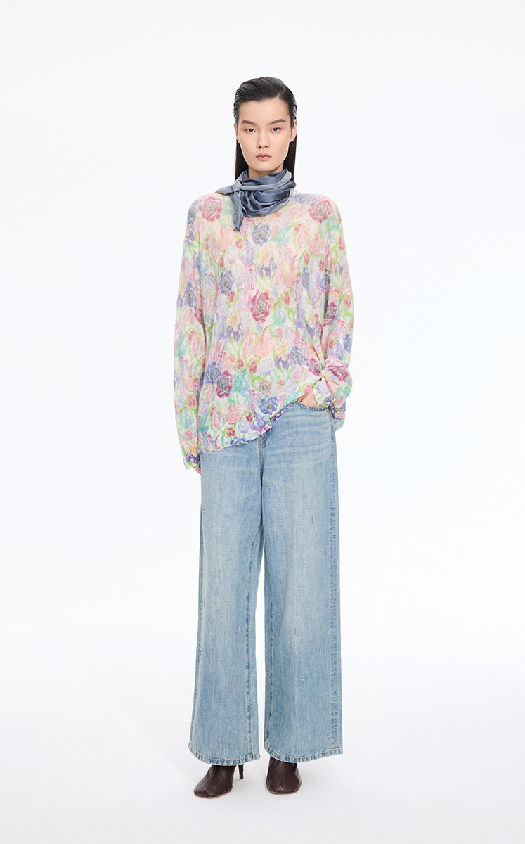 Sweater / JNBY Watercolor Floral Fuzzy Knit Purple