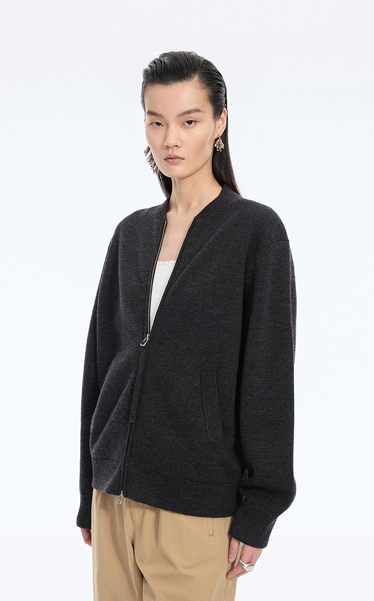 Sweater / JNBY Wool-Blend Collarless Zip Cardigan