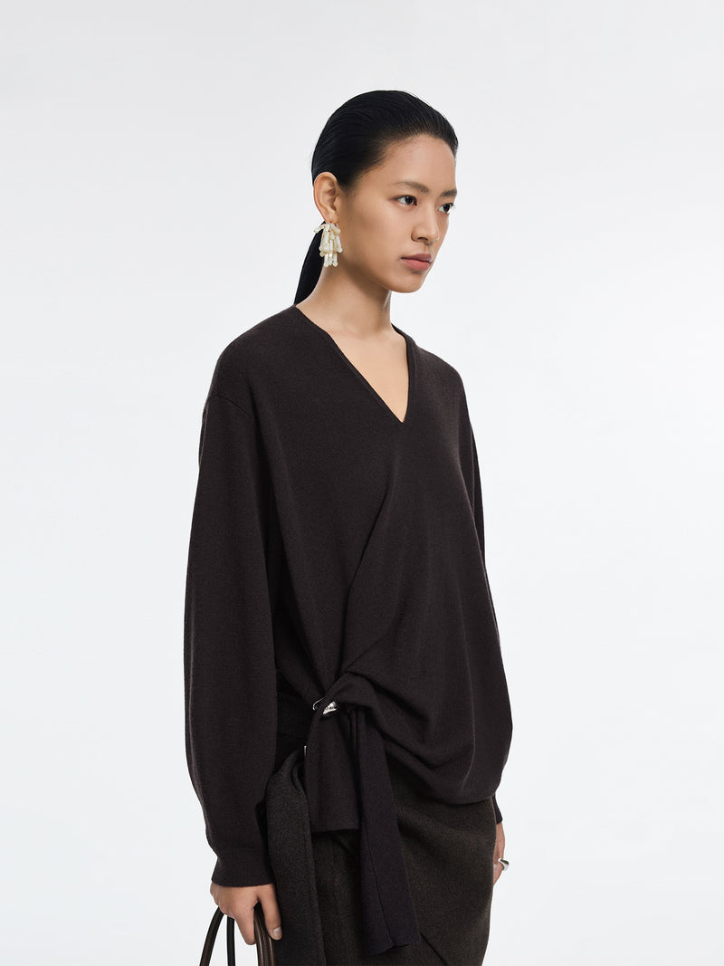 Sweater / JNBY 100% Merino Wool V-Neck Oversized Pullover Rich Brown-2