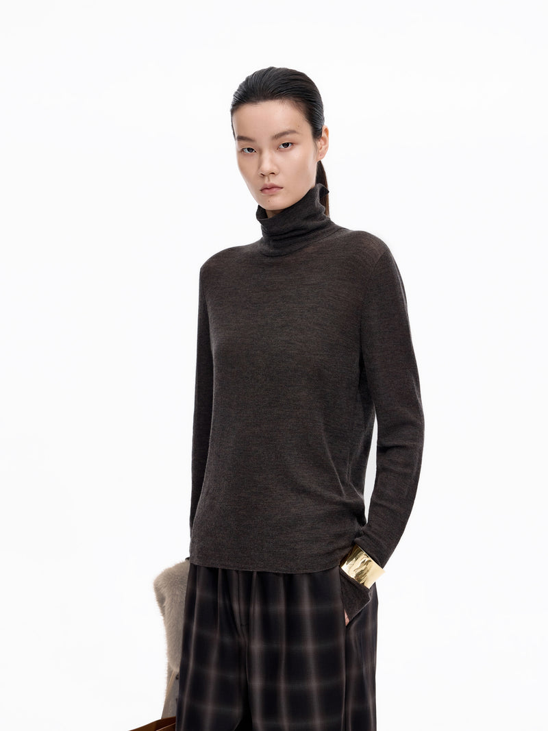 Sweater / JNBY Merino Wool Ribbed Turtleneck Dark Heather Brown-1