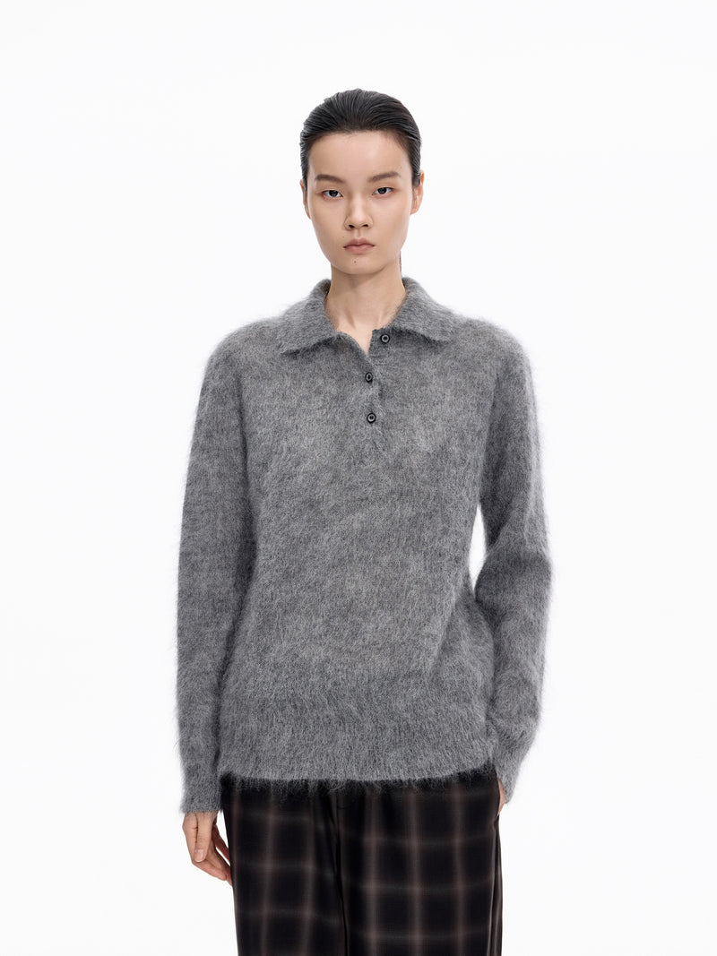 Sweater / JNBY Mohair Wool Blend Collared Pullover Medium Heather Gray-2