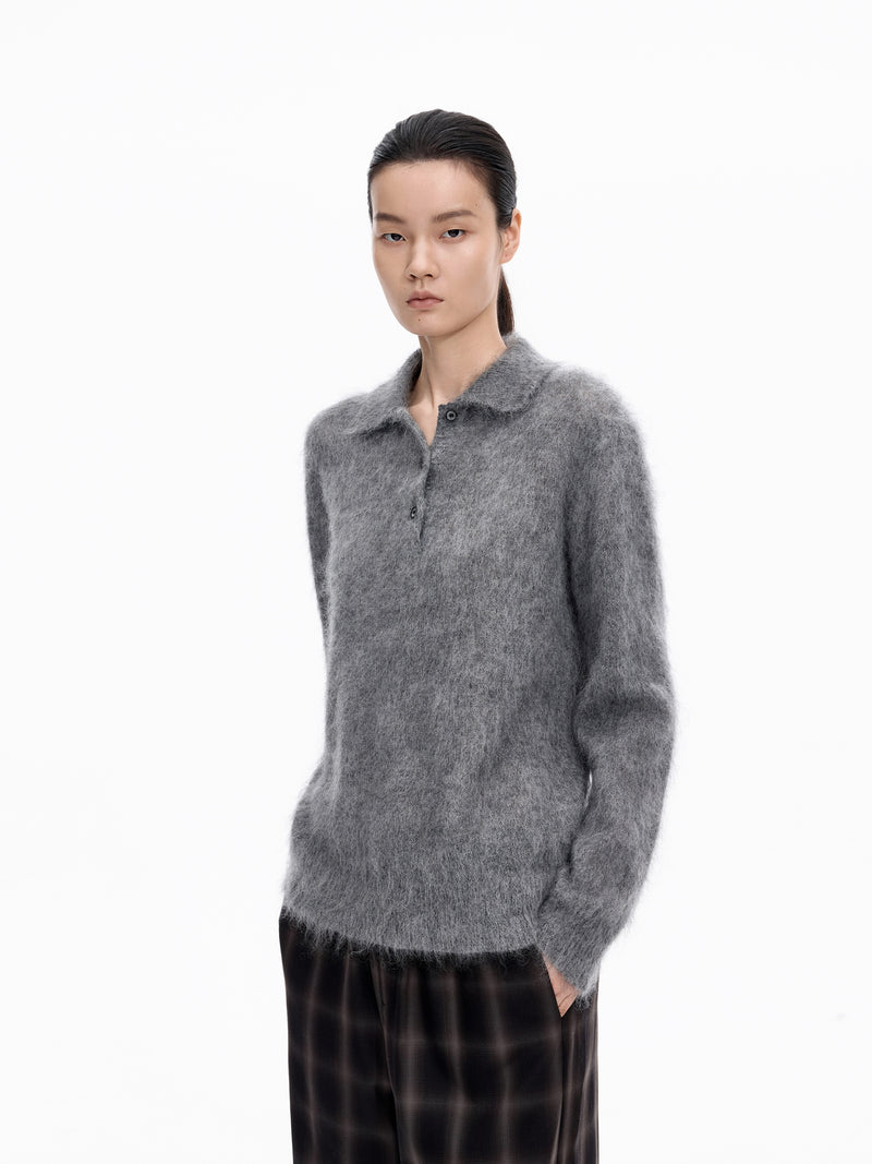 Sweater / JNBY Mohair Wool Blend Collared Pullover Medium Heather Gray-2