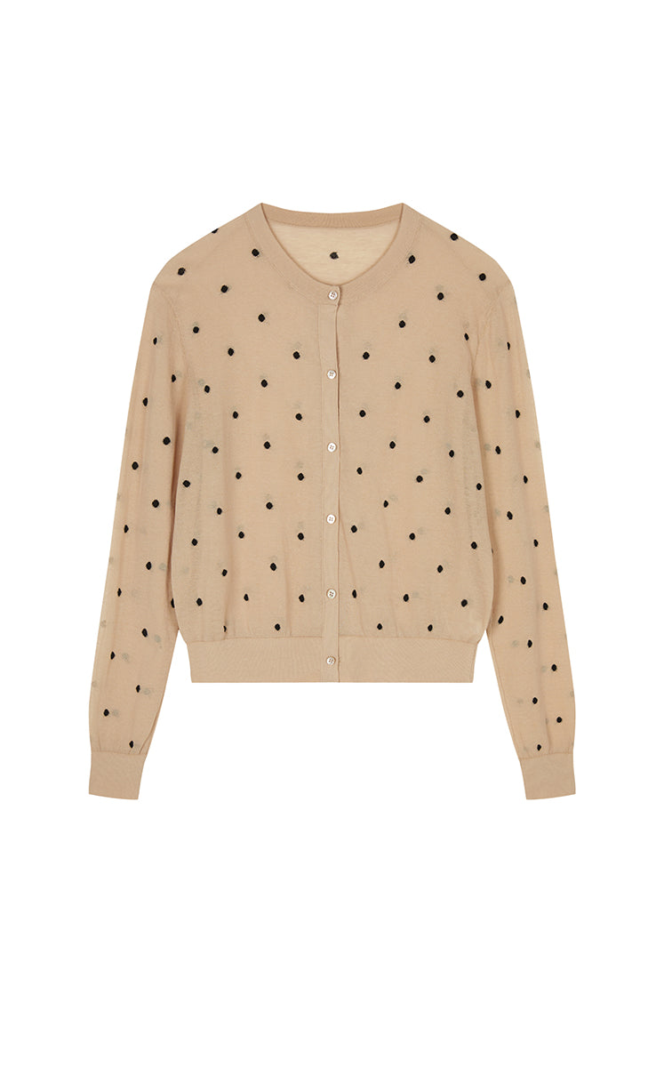 Sweater / JNBY Polka Dot Cropped Cotton Blend Cardigan Dark Khaki-1