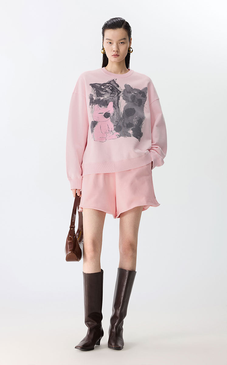 Sweatshirt / JNBY Playful Cat Oversized Cotton Sweatshirt Pink