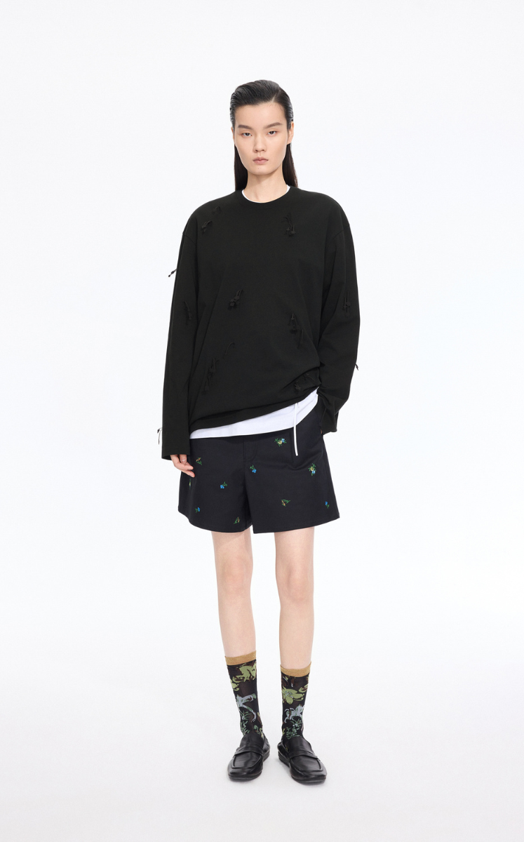 T-Shirt / JNBY 3D Floral Fringe Cotton Long Sleeve Tee Black