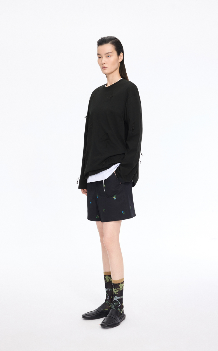 T-Shirt / JNBY 3D Floral Fringe Cotton Long Sleeve Tee