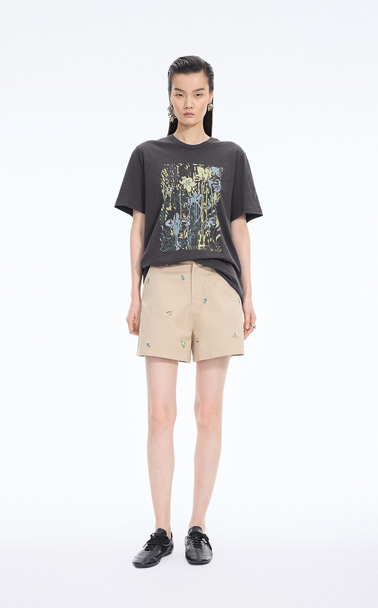 T-Shirt / JNBY Botanical Floral Graphic Cotton Tee Brown Grey
