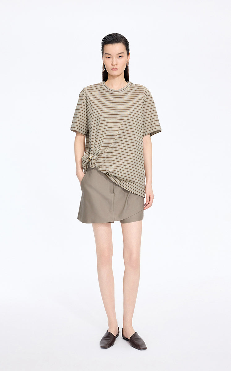 T-Shirt / JNBY Draped Pleated Hem Cotton T-Shirt Khaki Check Stripe