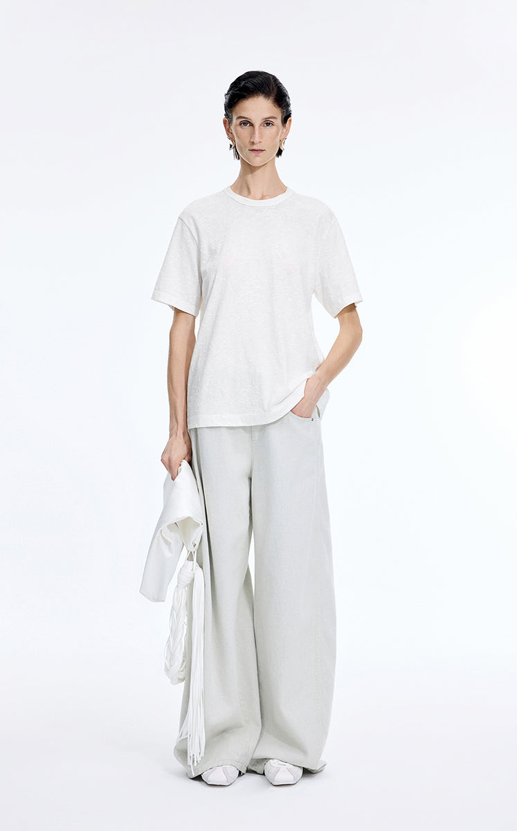 T-Shirt / JNBY Flocked Floral Cotton T-Shirt Ecru