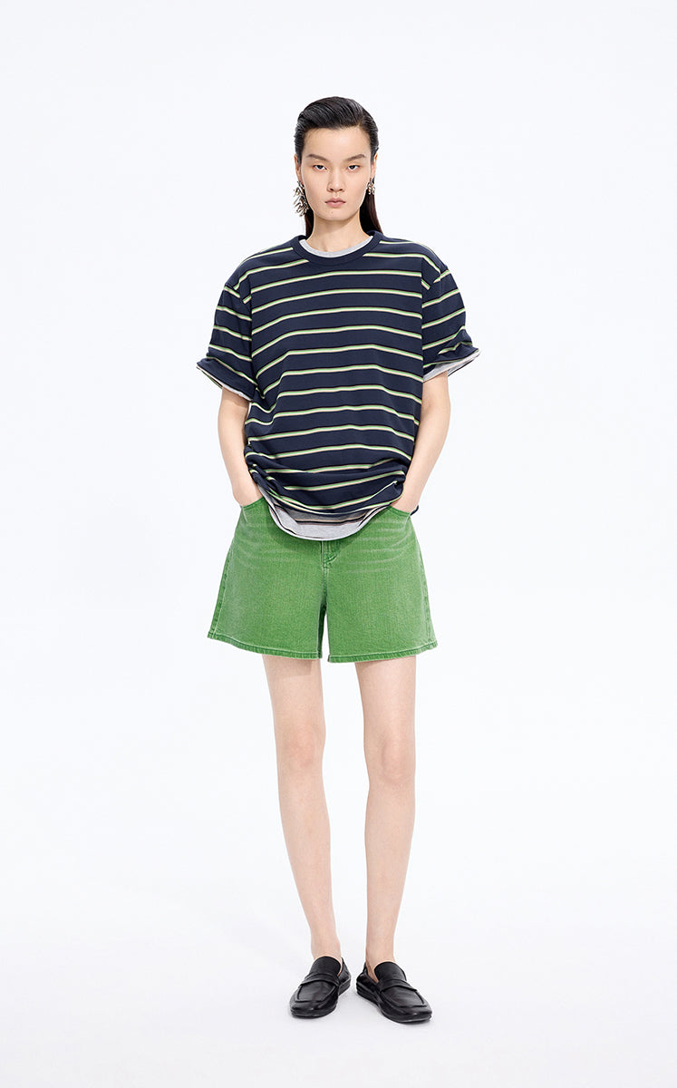 T-Shirt / JNBY Striped Sculptural Hem Cotton T-Shirt Navy