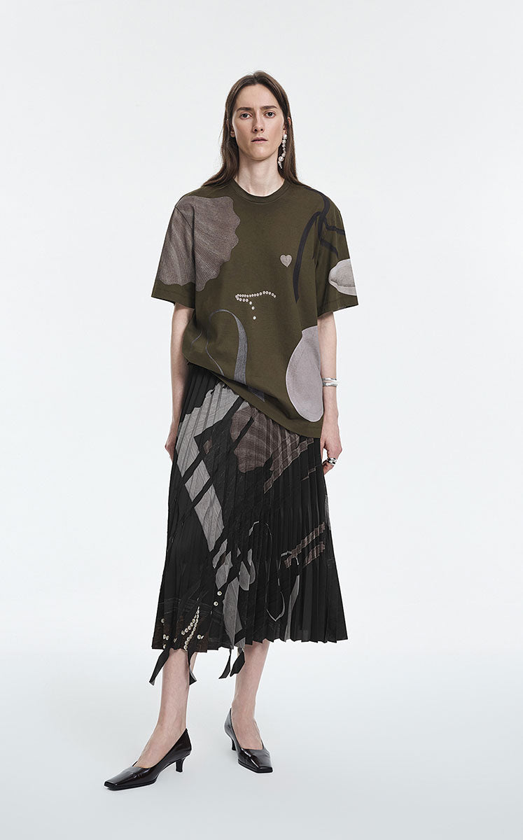T-Shirt / JNBY Cotton Relaxed Fit Abstract Print Tee Olive Green