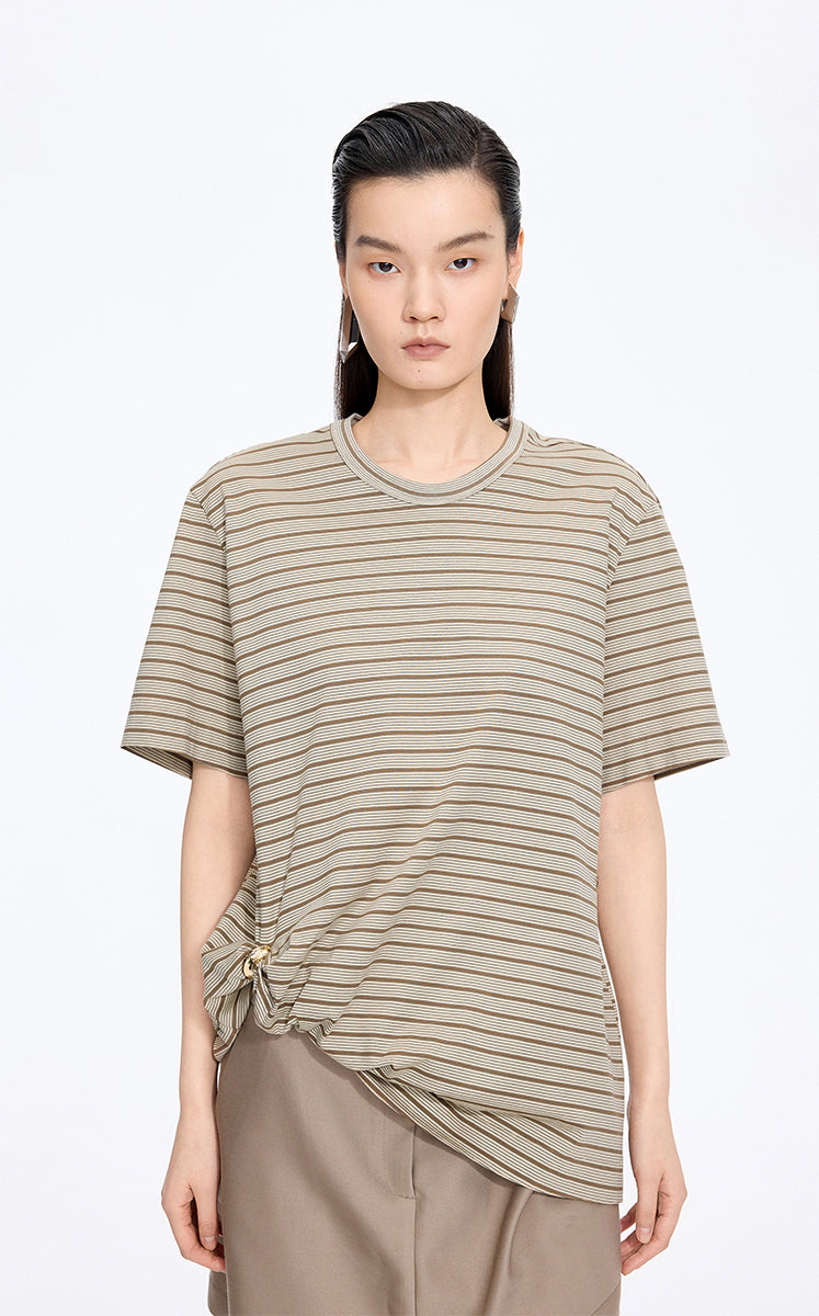 T-Shirt / JNBY Draped Pleated Hem Cotton T-Shirt Khaki Check/Stripe-1