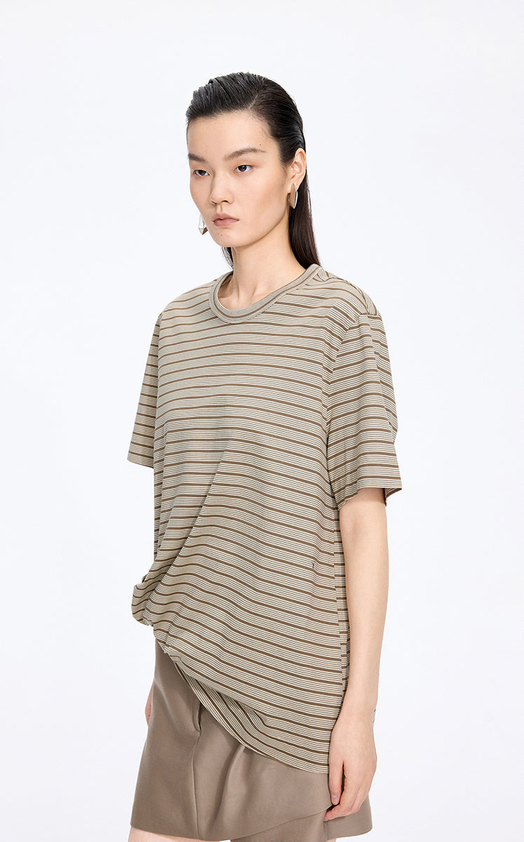 T-Shirt / JNBY Draped Pleated Hem Cotton T-Shirt Khaki Check/Stripe-1