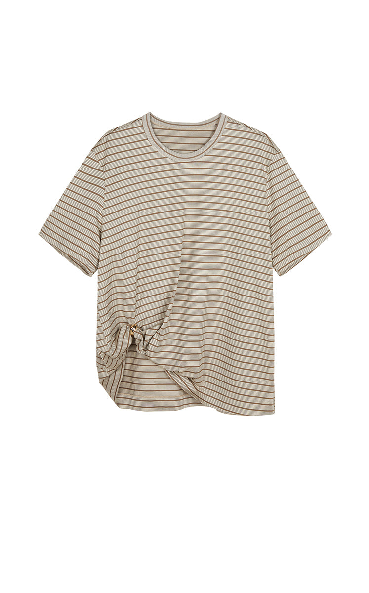 T-Shirt / JNBY Draped Pleated Hem Cotton T-Shirt Khaki Check/Stripe-1