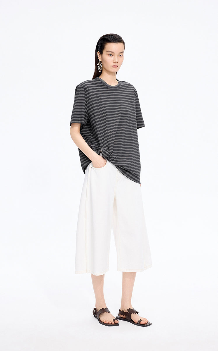 T-Shirt / JNBY Draped Pleated Hem Cotton T-Shirt Black & Grey Check-2