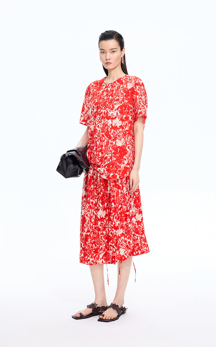 T-Shirt / JNBY Floral Cotton Relaxed T-Shirt Red-1