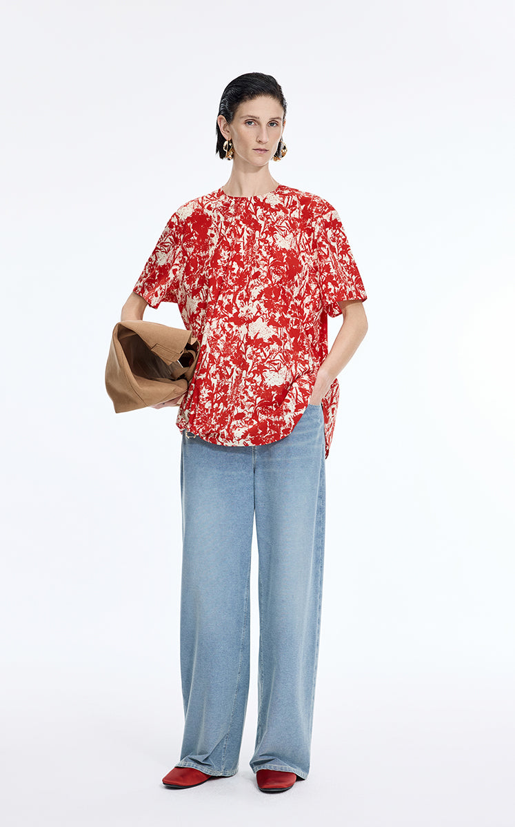 T-Shirt / JNBY Floral Cotton Relaxed T-Shirt Red-1
