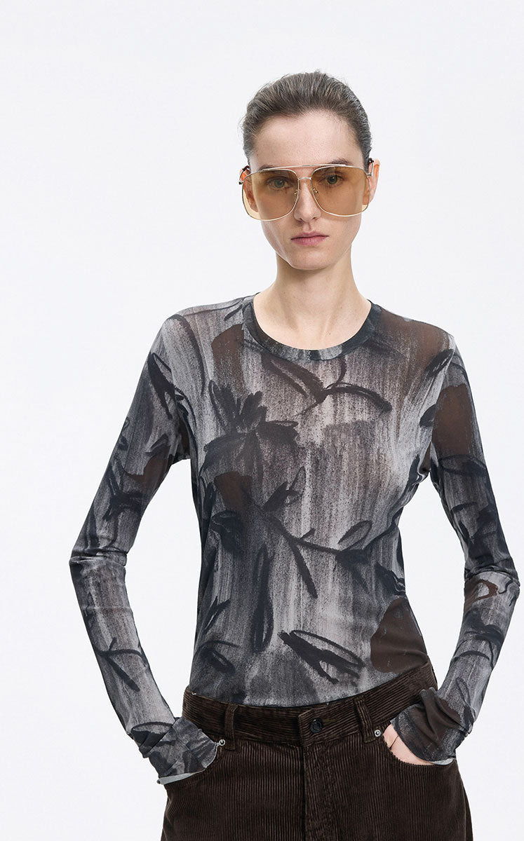 T-Shirt / JNBY Mesh Rose Print Slim Fit Long Sleeve Top Grey Assortment-1