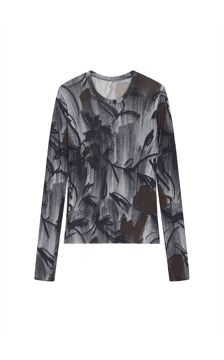 T-Shirt / JNBY Mesh Rose Print Slim Fit Long Sleeve Top Grey Assortment-1