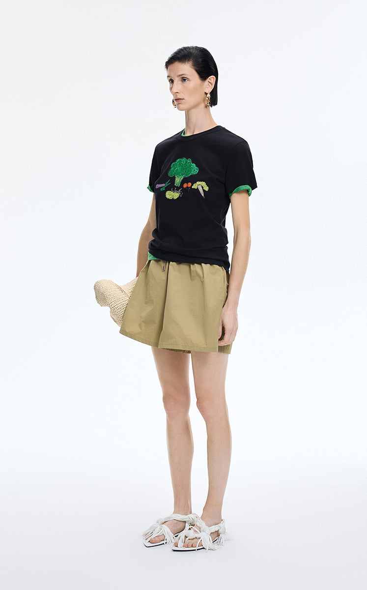 T-Shirt / JNBY Vegetable Print Cotton T-Shirt Black Navy-1