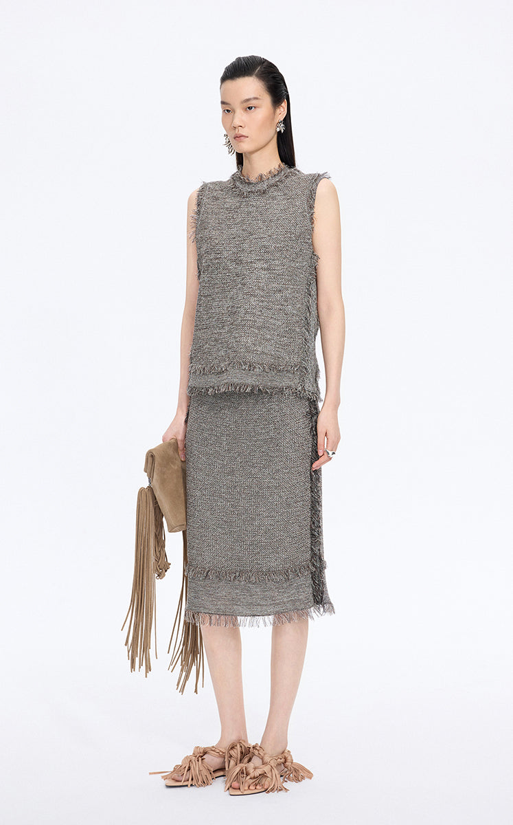 Tank Top / JNBY Fringe Trim Cotton Knit Vest Brown Marl-3