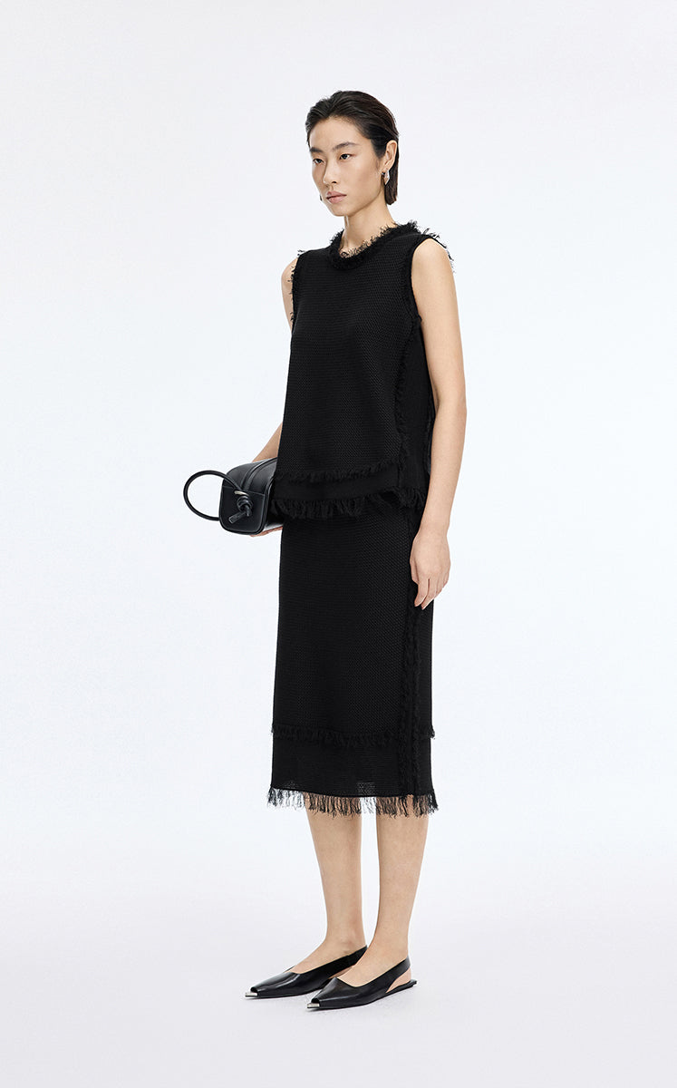 Tank Top / JNBY Fringe Trim Cotton Knit Vest Black-1