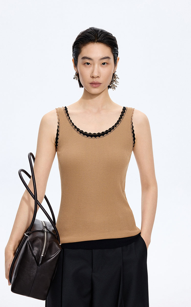Tank Top / JNBY Lace Trim Cotton Knit Camisole Nude Khaki-1