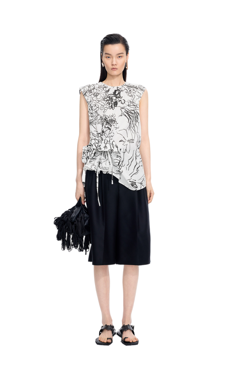 Top / JNBY Printed Cotton Sleeveless Structured Top Black Marl