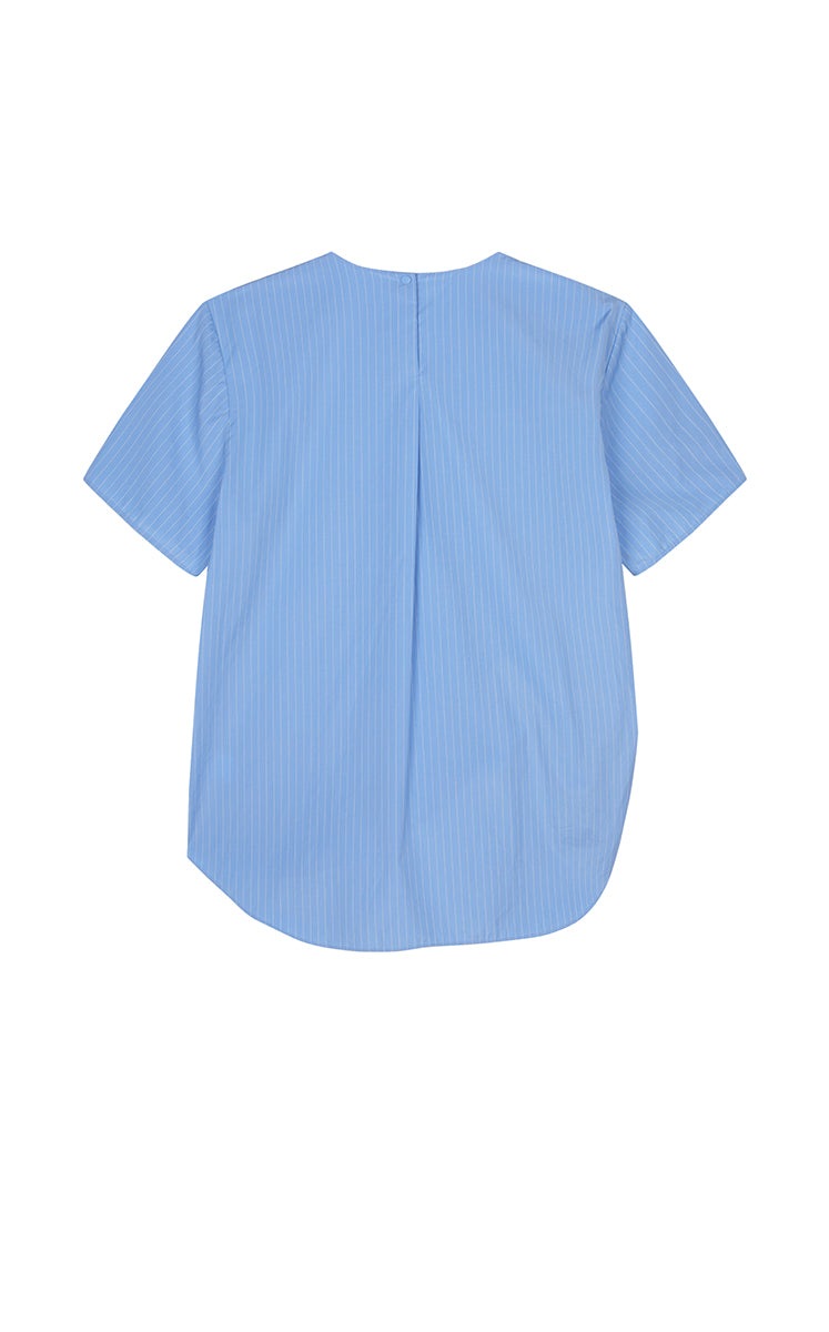 Top / JNBY Cotton Poplin Pleated Hem Short Sleeve Shirt Blue & White Stripe-1