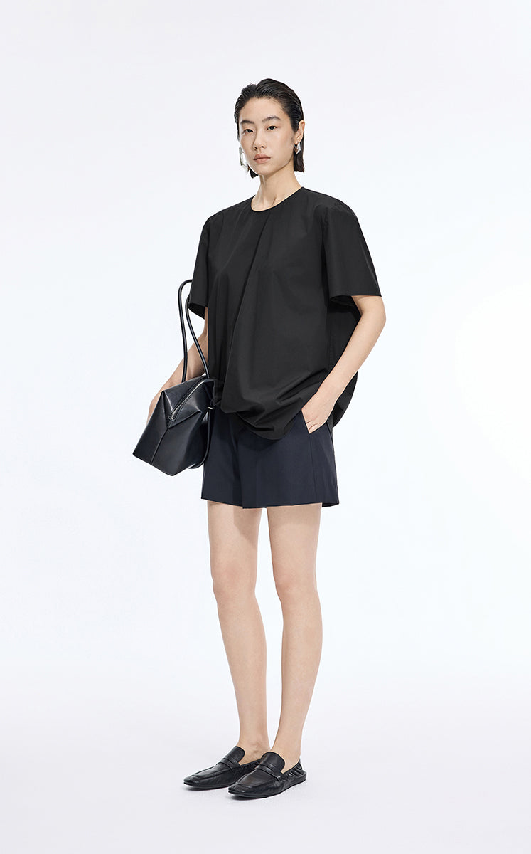 Top / JNBY Cotton Poplin Pleated Hem Short Sleeve Shirt Black-2