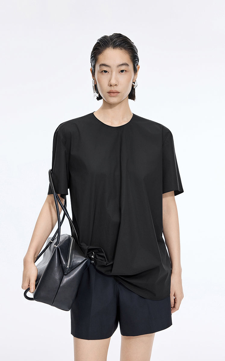 Top / JNBY Cotton Poplin Pleated Hem Short Sleeve Shirt Black-2