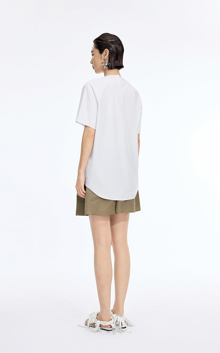 Top / JNBY Cotton Poplin Pleated Hem Short Sleeve Shirt Ecru-3