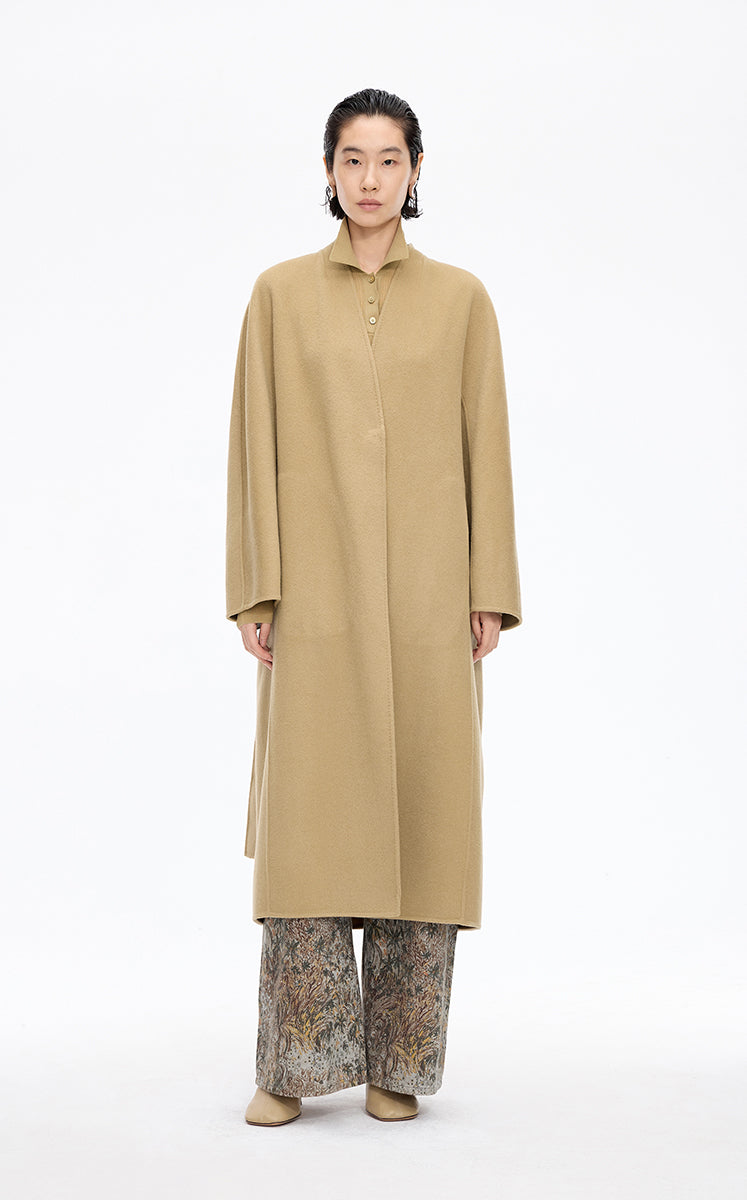 Coat / JNBY Collarless Longline Wool Double-Face Coat Yellow Kahaki