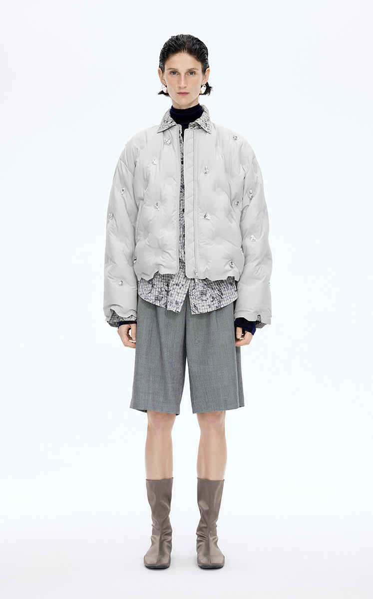 Down Coat / JNBY Oversized Beaded Cropped Down Coat Rice Grey