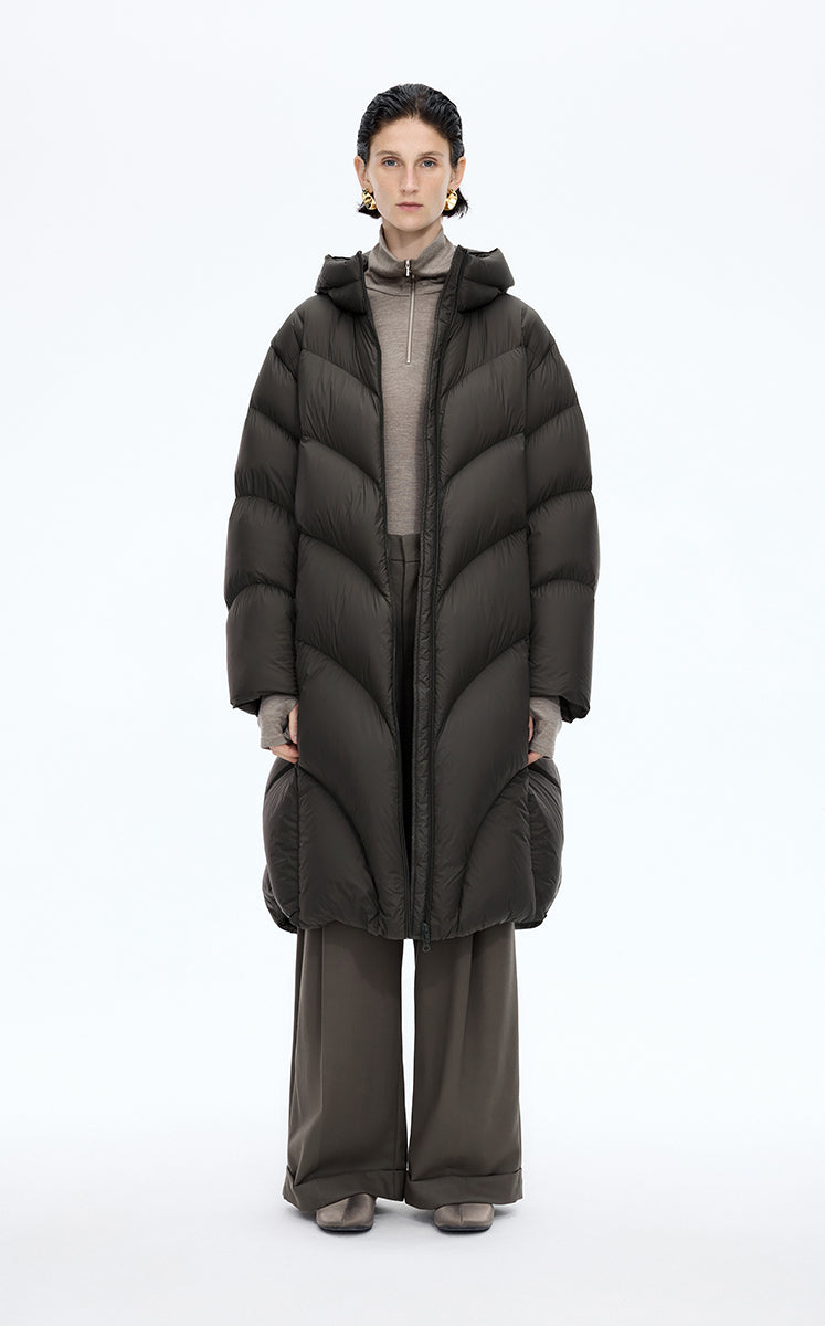 Down Coat / JNBY Oversized Long Hooded Down Coat Brown
