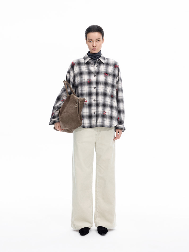 Shirt / JNBY Oversized Cotton Plaid Shirt with Embroidery Black & White Stripe Check