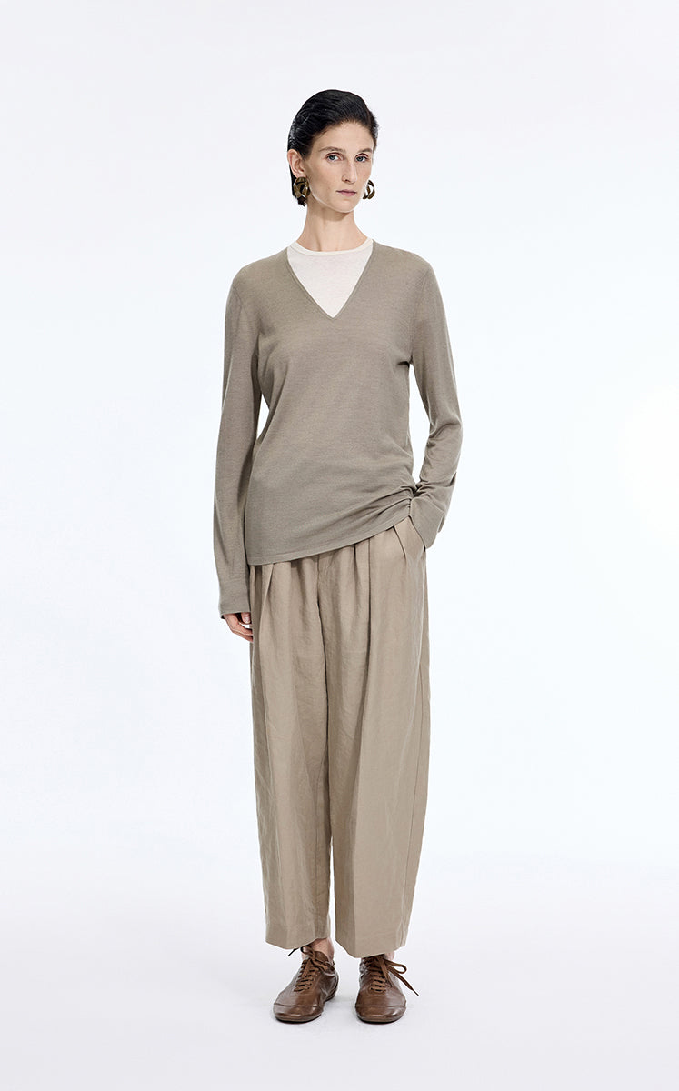 Sweater / JNBY V-Neck Baselan Wool-Silk Blend Pullover Green Kahaki