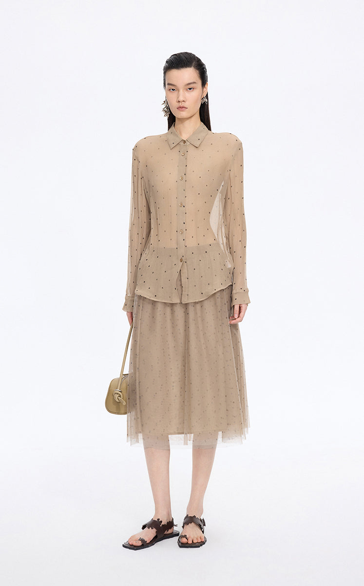 Shirt / JNBY Silk Polka Dot Relaxed Long Shirt Dark Khaki