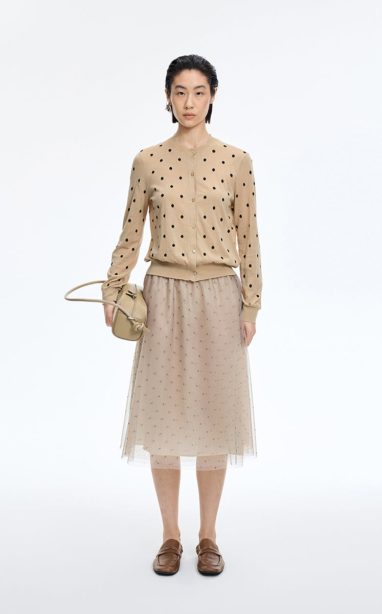 Sweater / JNBY Polka Dot Cropped Cotton Blend Cardigan Dark Khaki
