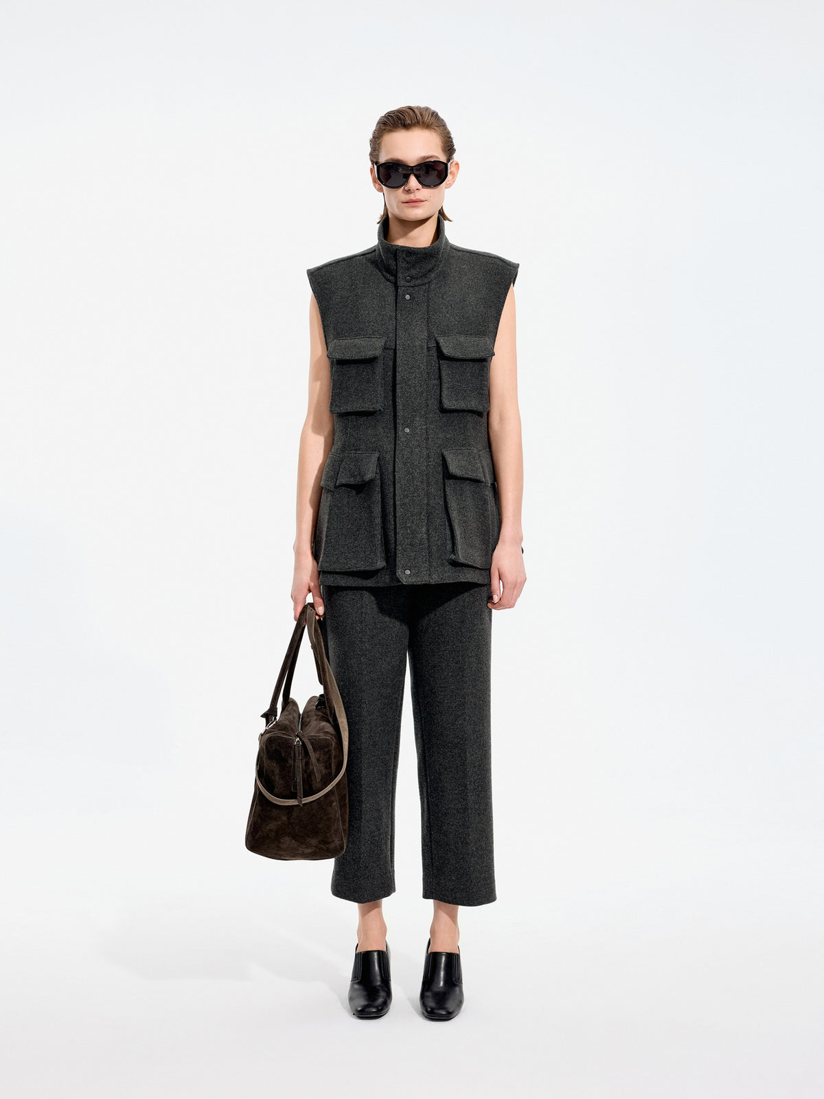Vest / JNBY Wool Melton Stand Collar Sleeveless Vest Grey