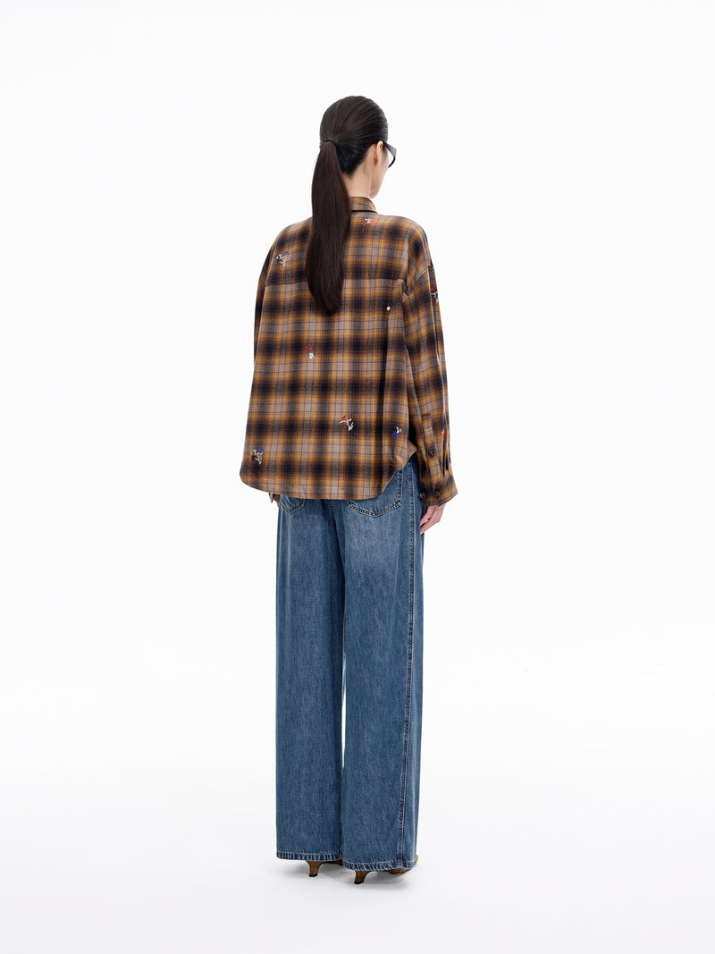 Shirt / JNBY Oversized Cotton Plaid Shirt with Embroidery