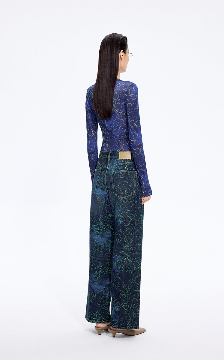 T-Shirt / JNBY Floral Print Stretch Slim Long Sleeve Tee