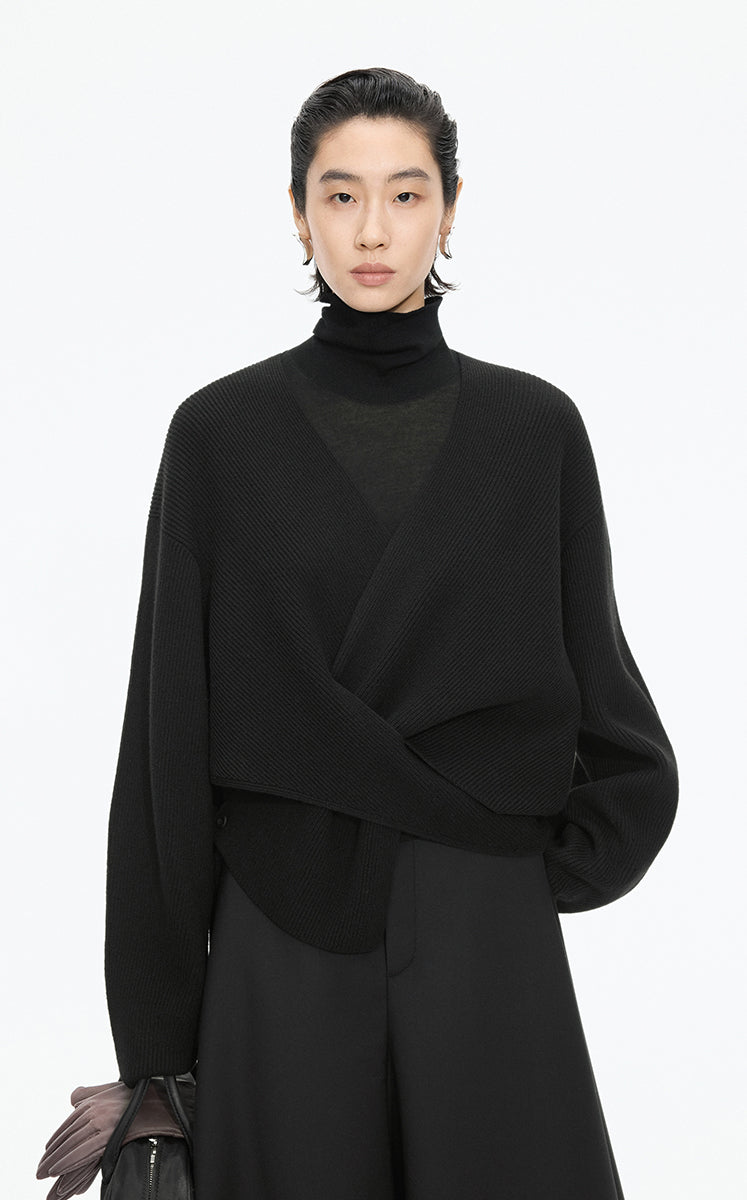 Sweater /(ESG)JNBY Loose Overlap Front Wool Pullover Black
