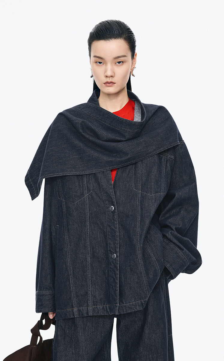 Jacket / JNBY Oversize Detachable Scarf Denim Jacket Dark Blue