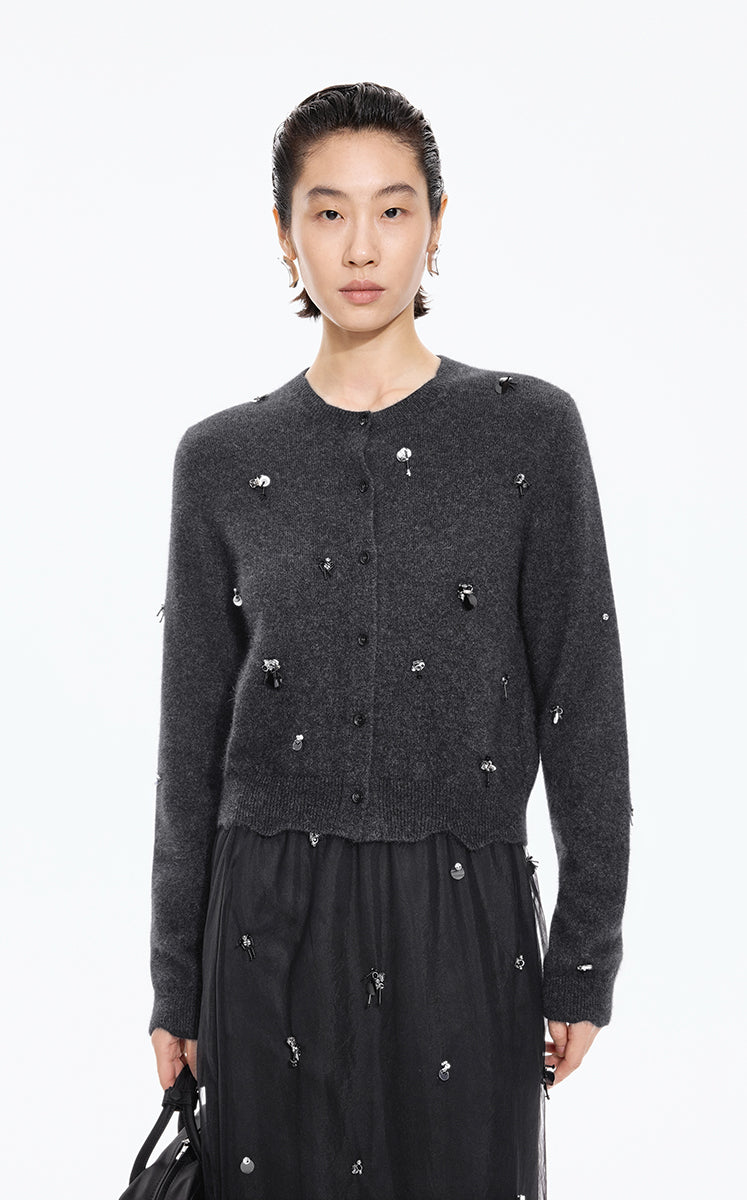 Sweater / JNBY Beaded Short Animal Fibers Cardigan Grey