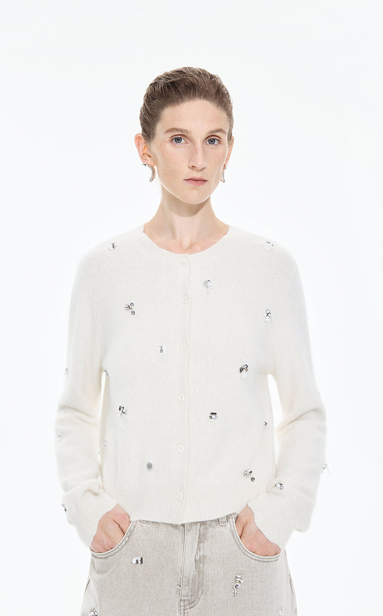 Sweater / JNBY Beaded Short Animal Fibers Cardigan Rice White
