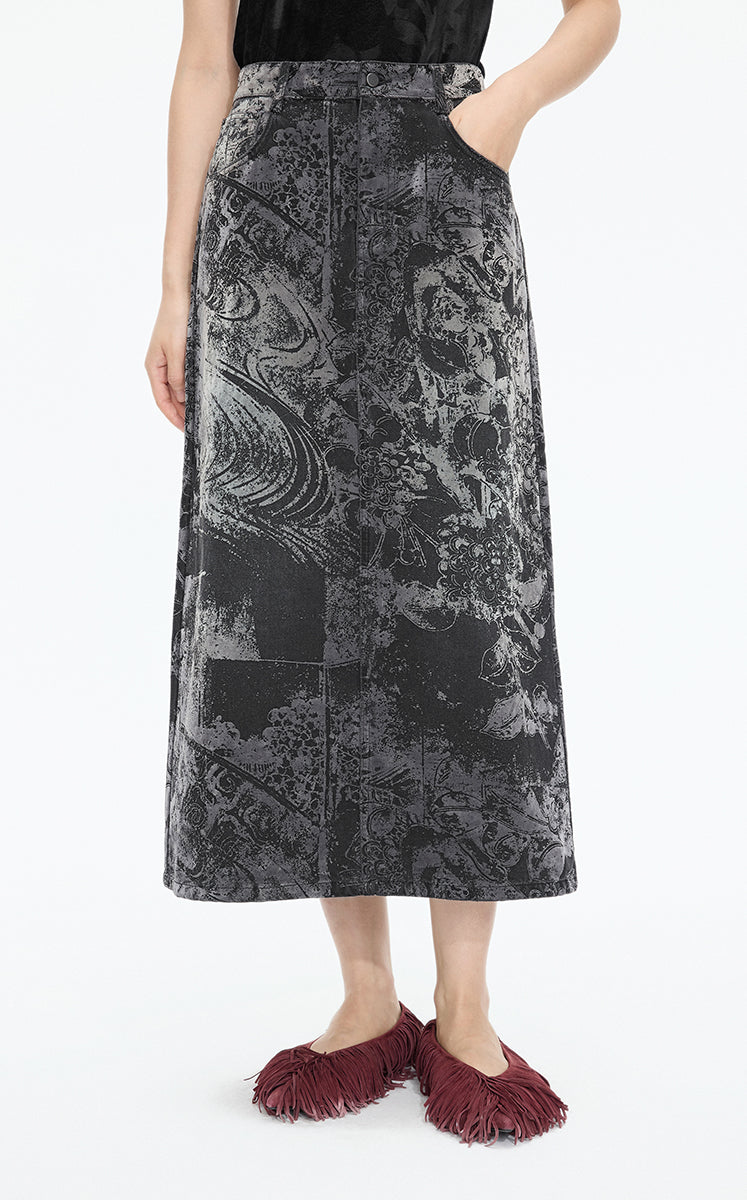 Skirt / JNBY A-Line Oriental Flocked Pattern Midi skirt Black