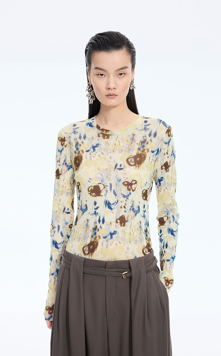 T-Shirt / JNBY Floral Print Fitted Long Sleeve Tee Yellow-Blue